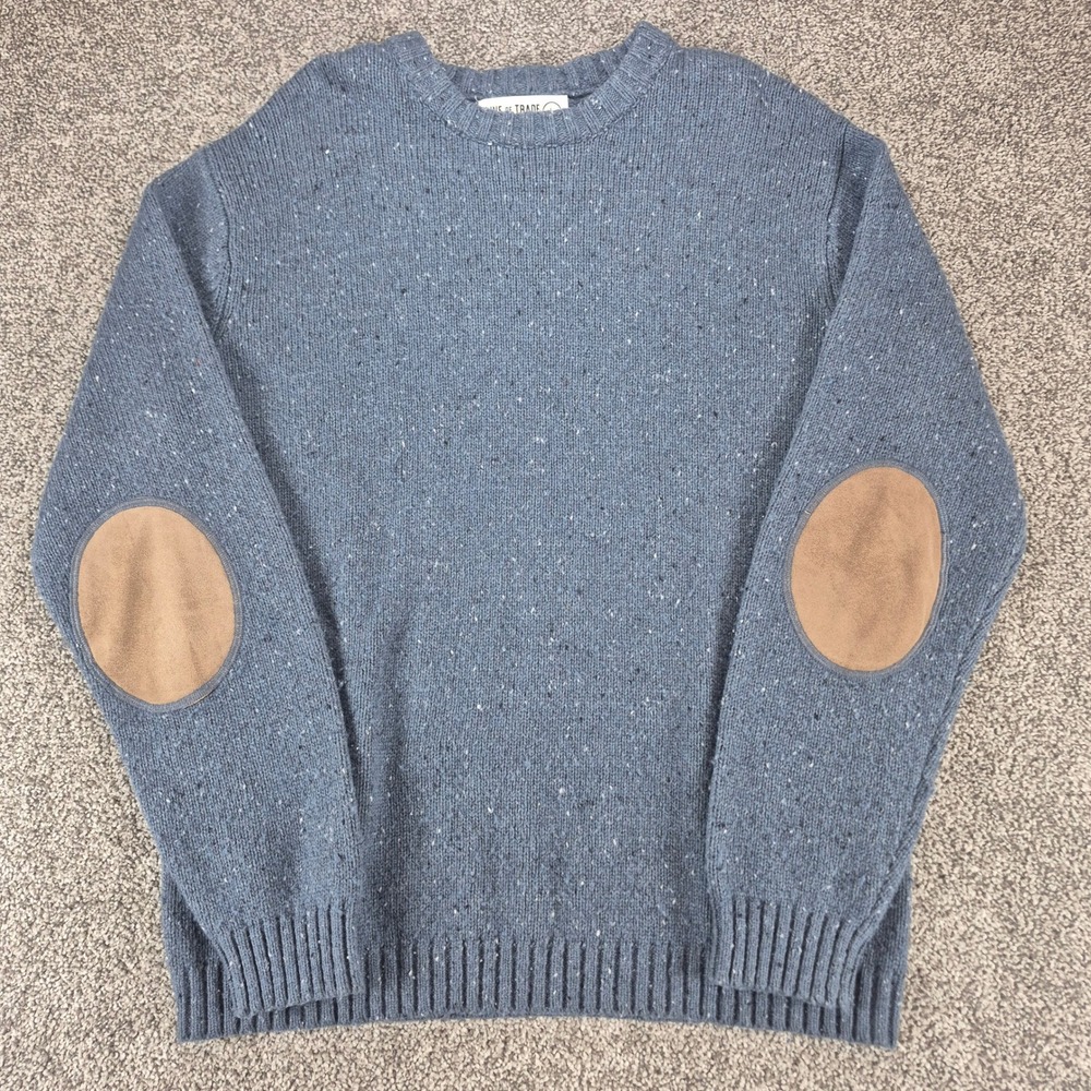 Line of Trade Sweater Mens Large Wool Blend Blue‎ Donegal Fleck Elbow Patch